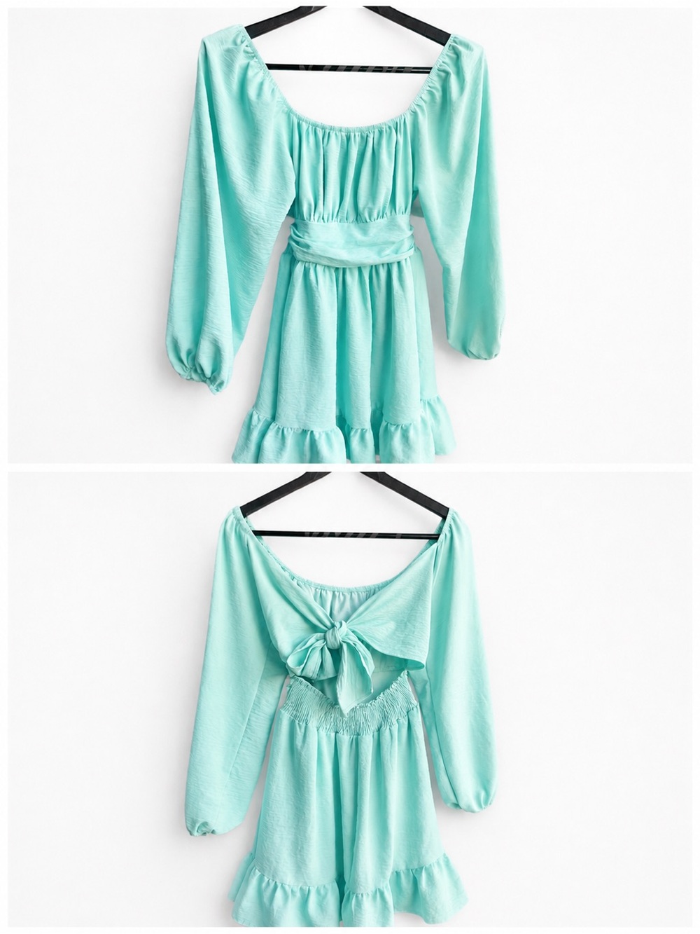 Girls' Aqua Puff-Sleeve Tie-Back Dress